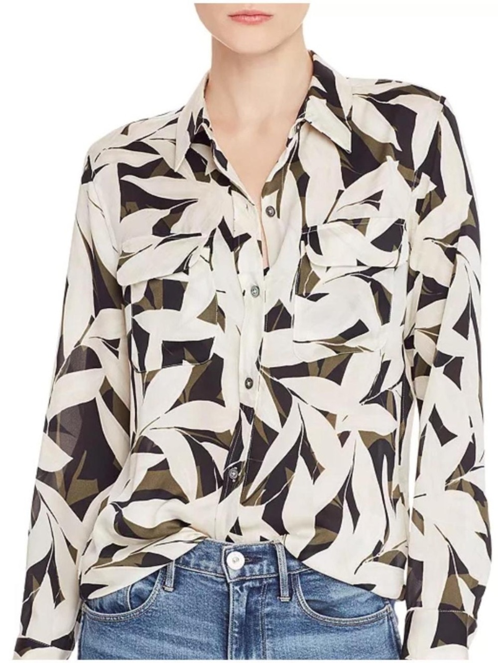Equipment Femme Cream/Black Button Down Long Sleeve Floral Blouse Size XS Sheer!